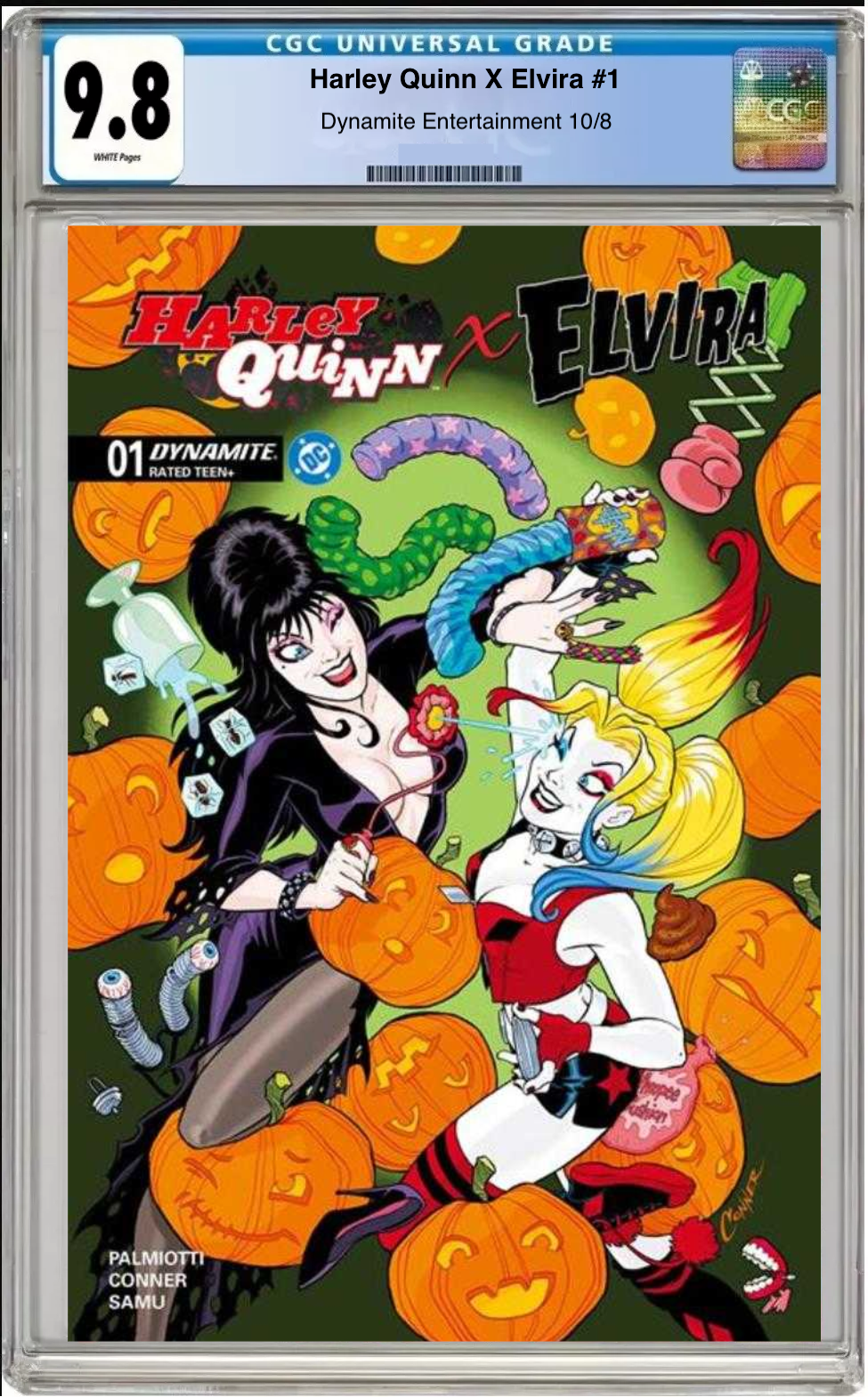 Comic book cover of Harley Quinn x Elvira #1 Cover A with CGC grading label.