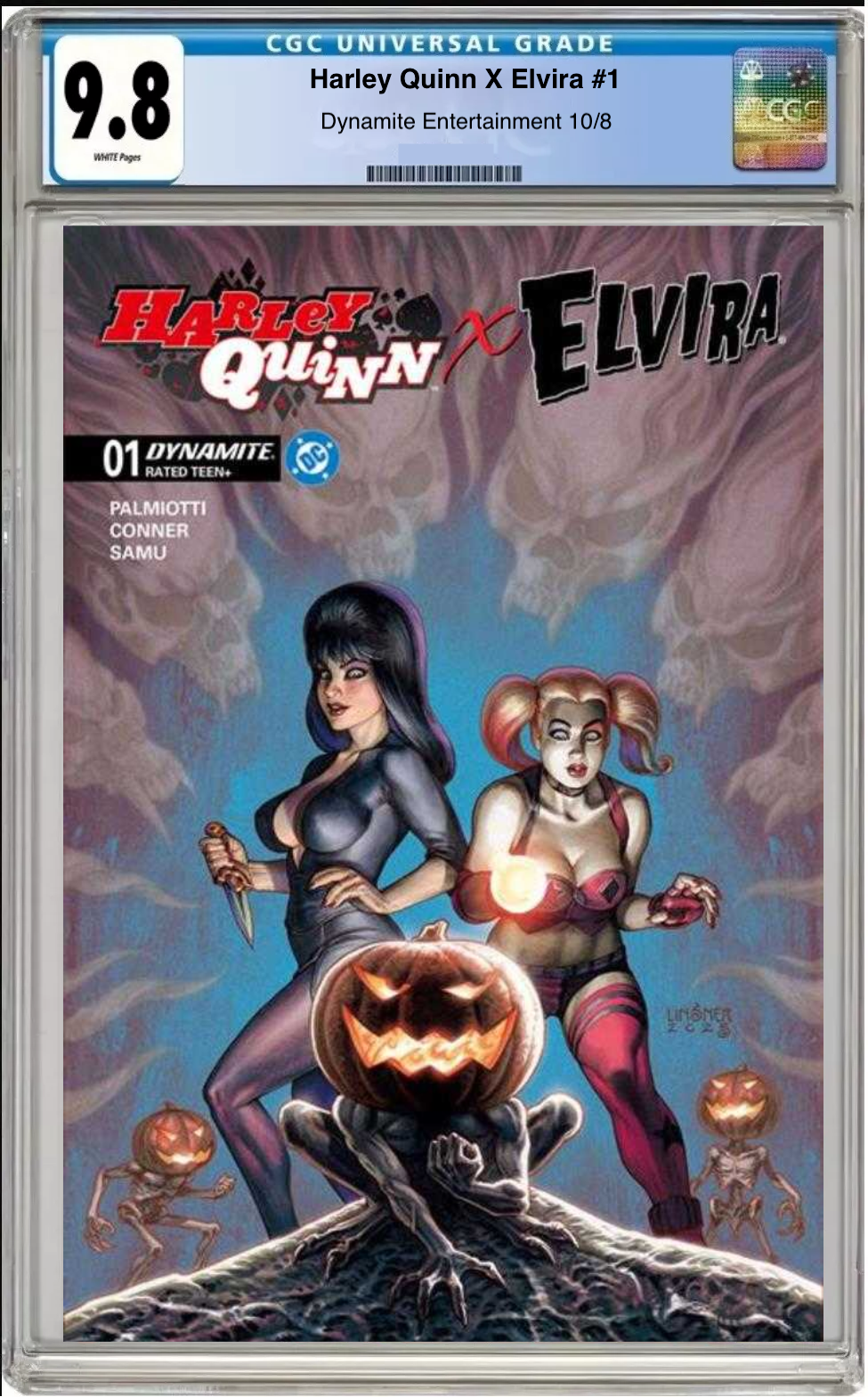 Comic book cover of Harley Quinn x Elvira #1 Cover C with CGC grading label.