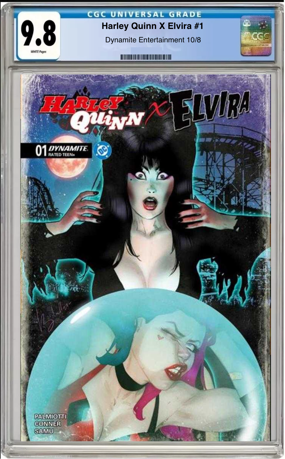 Comic book cover of Harley Quinn x Elvira #1 Cover D with CGC grading label.