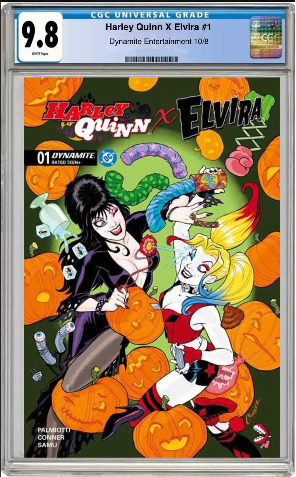 Comic book cover of Harley Quinn x Elvira #1 Foil Cover with CGC grading label.