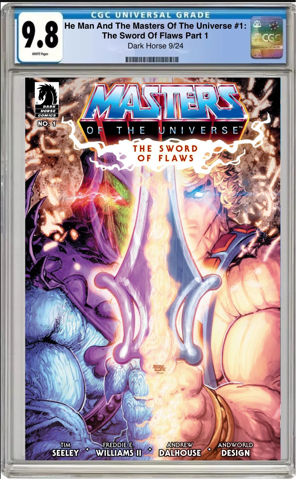 Comic book cover of He-Man and the Masters of the Universe #1 The Sword of Flaws Cover A with CGC 9.8 grading label.