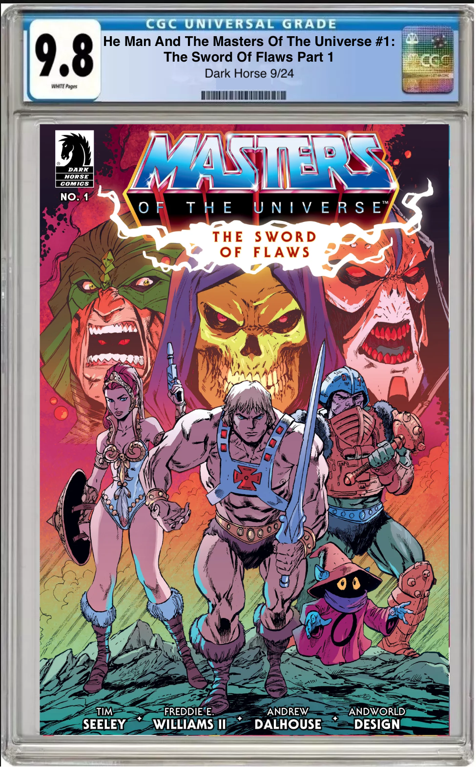 Comic book cover of He-Man and the Masters of the Universe #1 The Sword of Flaws Cover B with CGC 9.8 grading label.