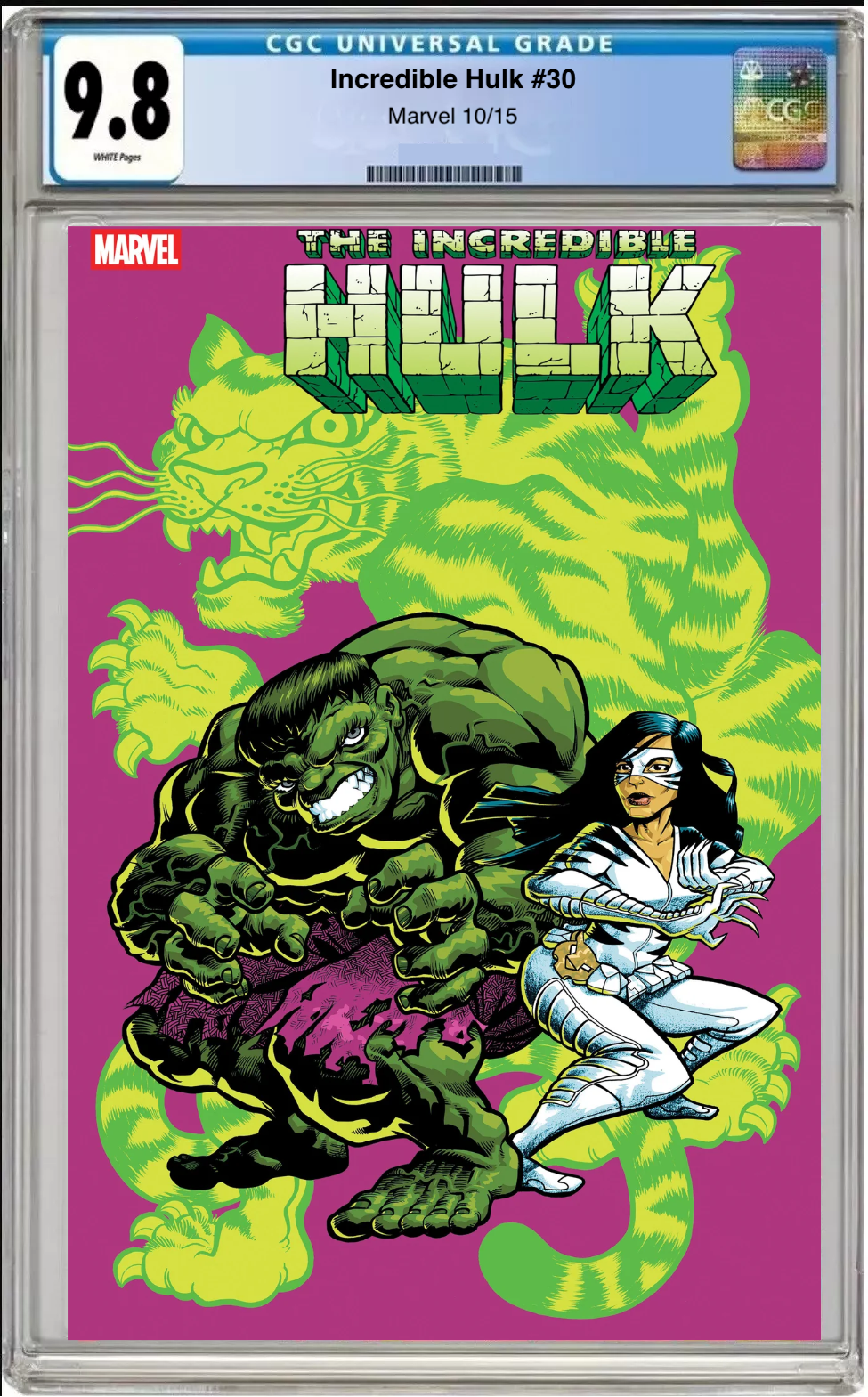 Comic book cover of Incredible Hulk #30 J. Gonzo White Tiger Team-Up Cover with CGC grading label.