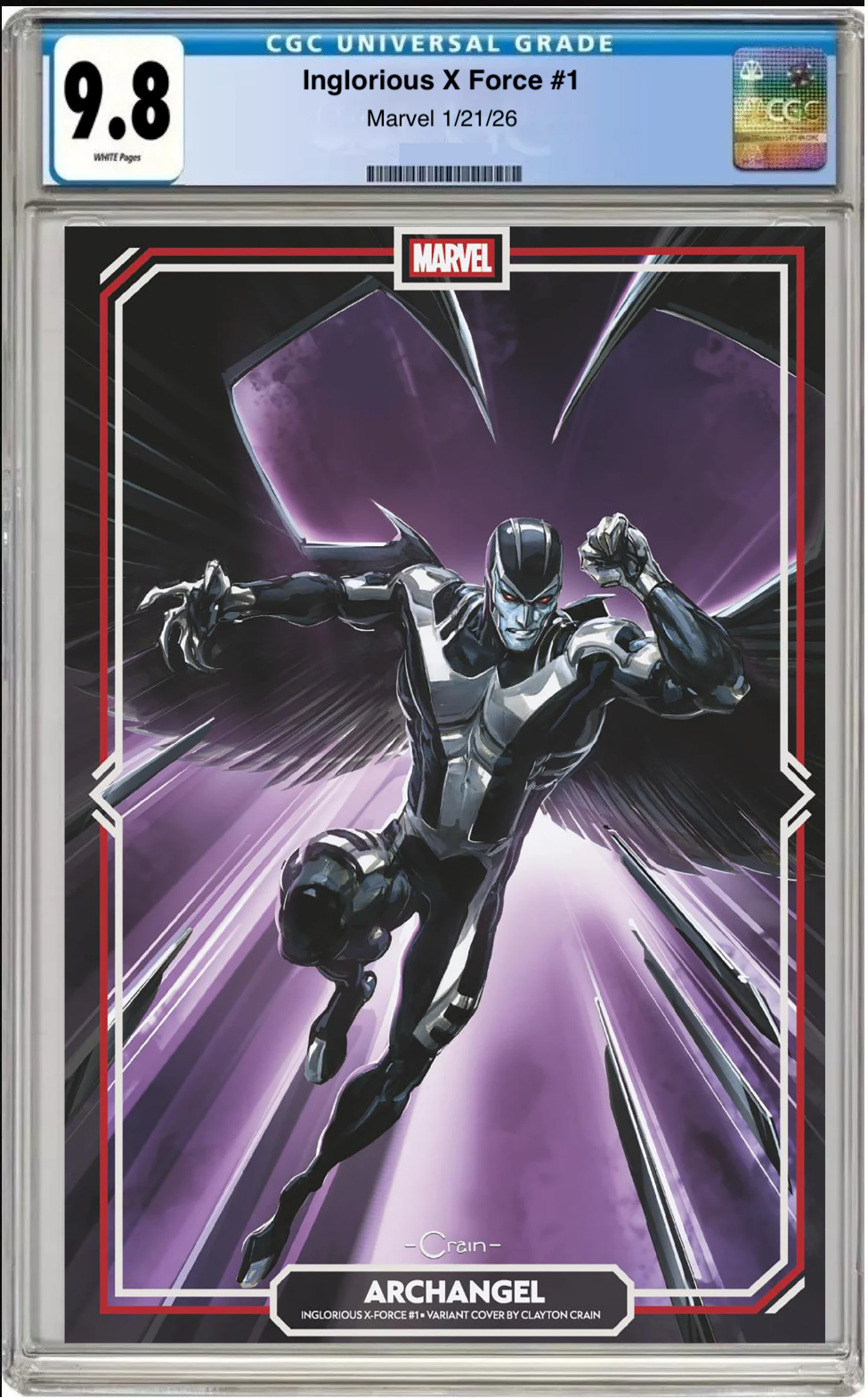 Comic book cover of Inglorious X-Force #1 Clayton Crain Cover with CGC grading label.
