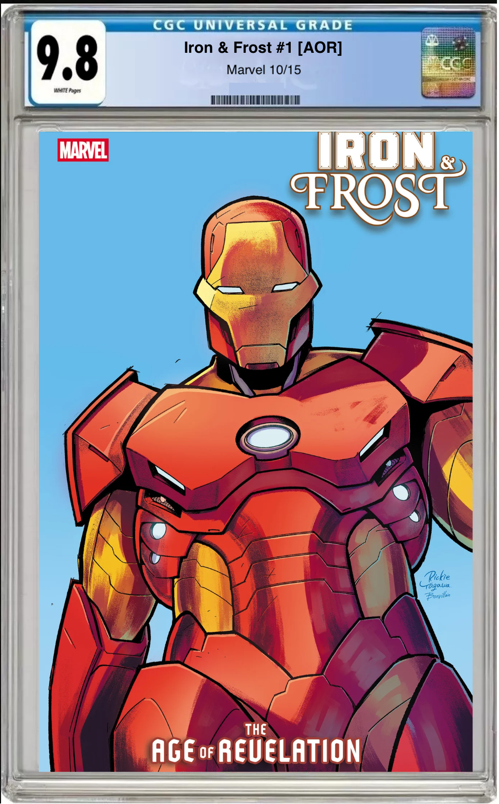 Comic book cover of Iron Frost #1 Rickie Yagawa Iron Man cover with CGC grading label.