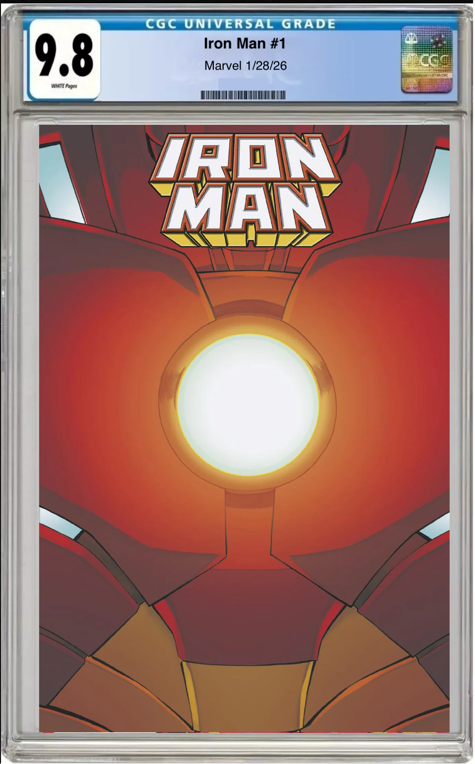 Comic book cover of Iron Man #1 Delcan Shalvey Foil Armor Cover with CGC grading label.