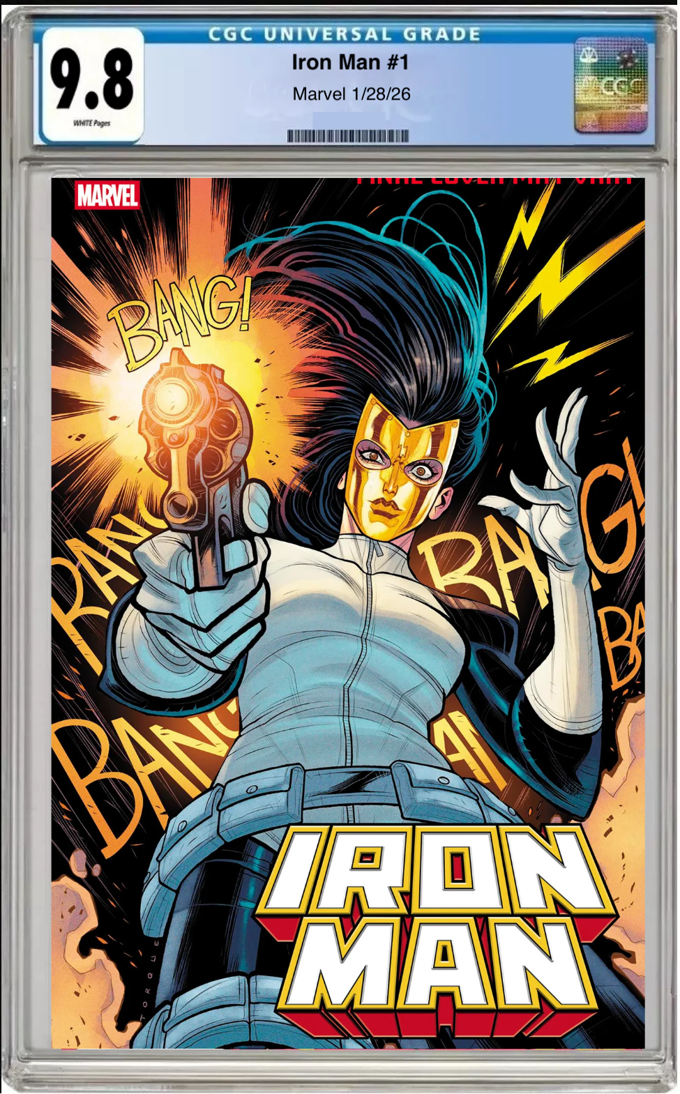 Comic book cover of Iron Man #1 Elizabeth Torque Madame Masque Cover with CGC grading label.