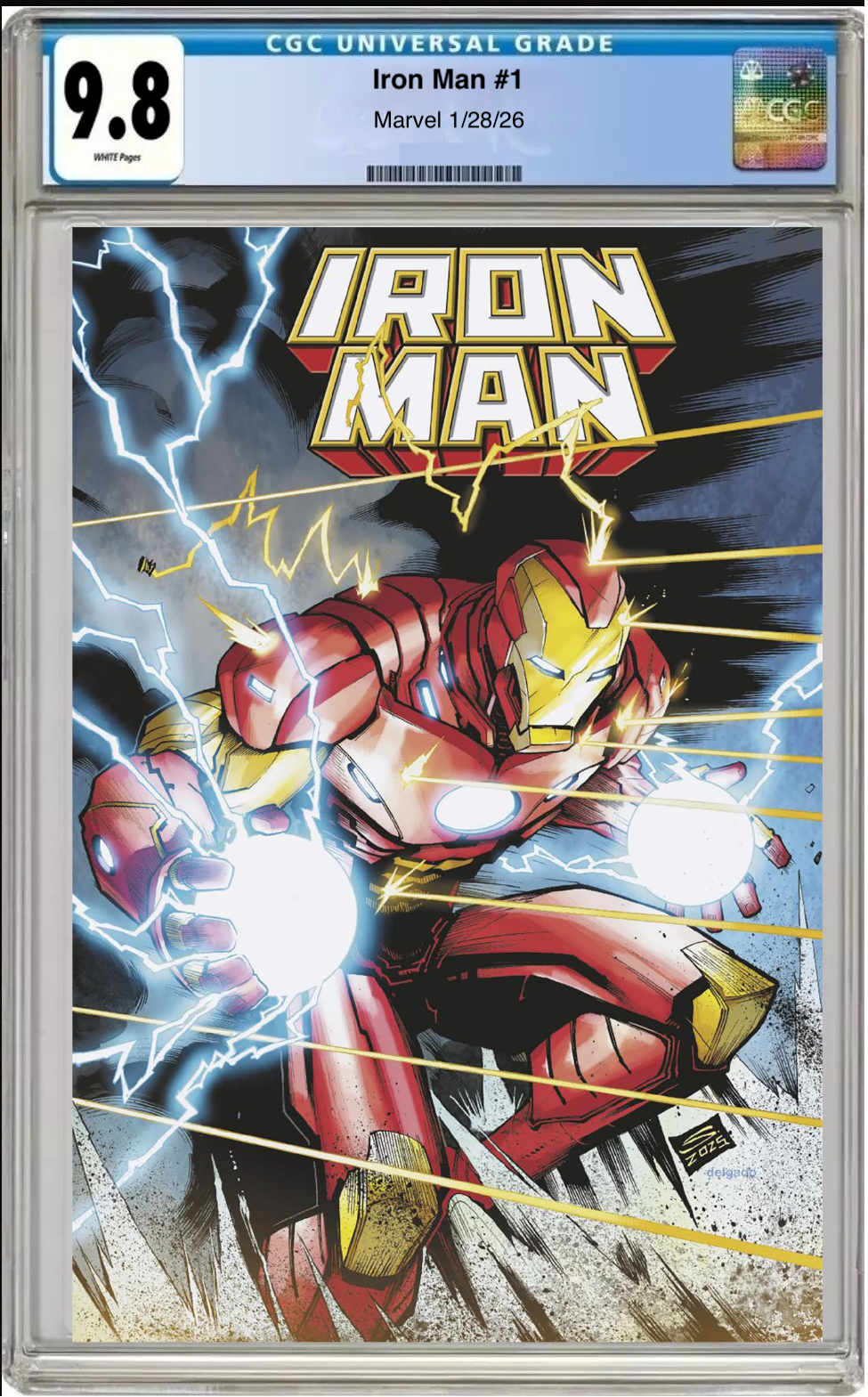 Comic book cover of Iron Man #1 Gerardo Sandoval Foil Cover with CGC grading label.