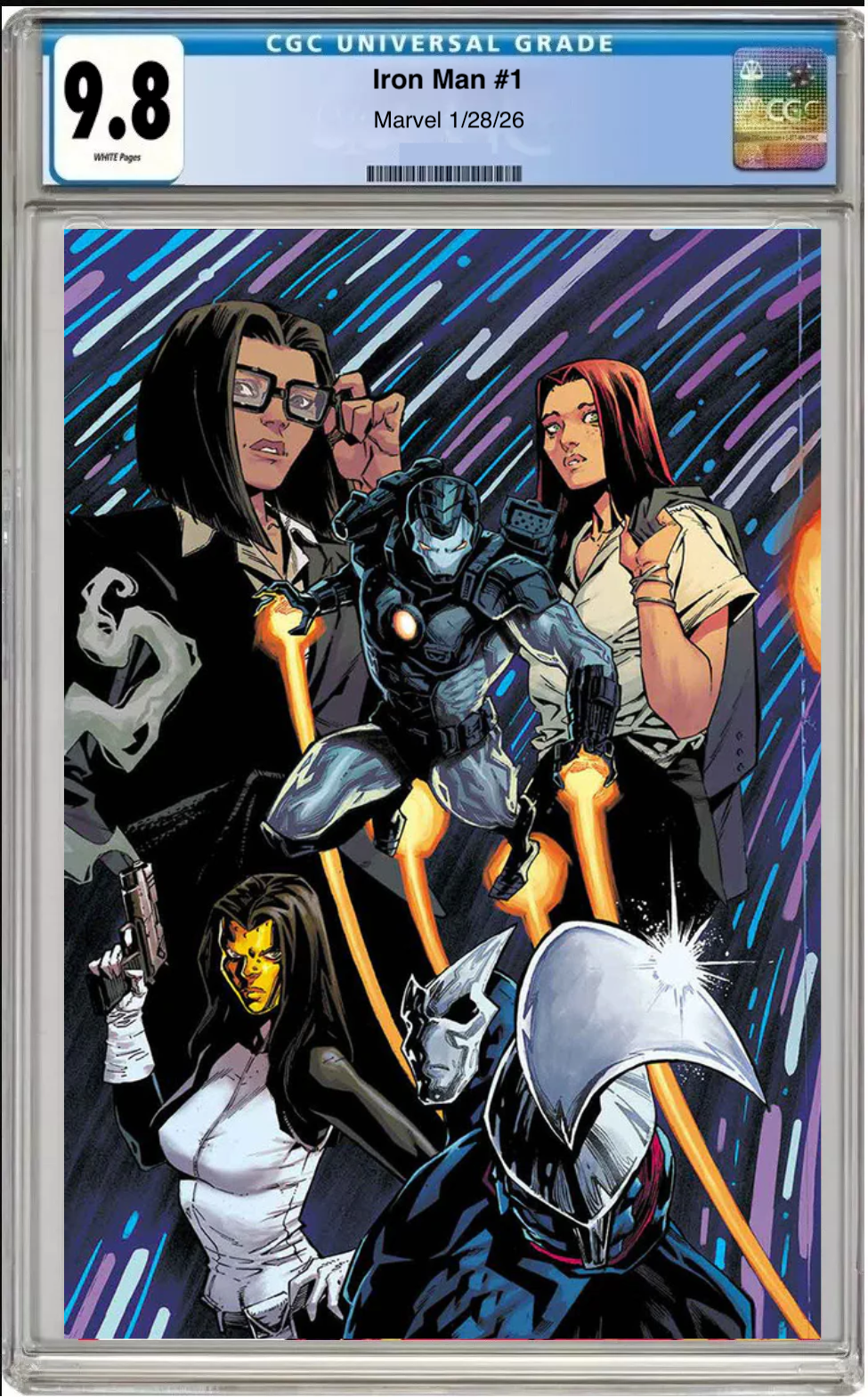 Comic book cover of Iron Man #1 Main Cover (Wraparound) with CGC grading label. back