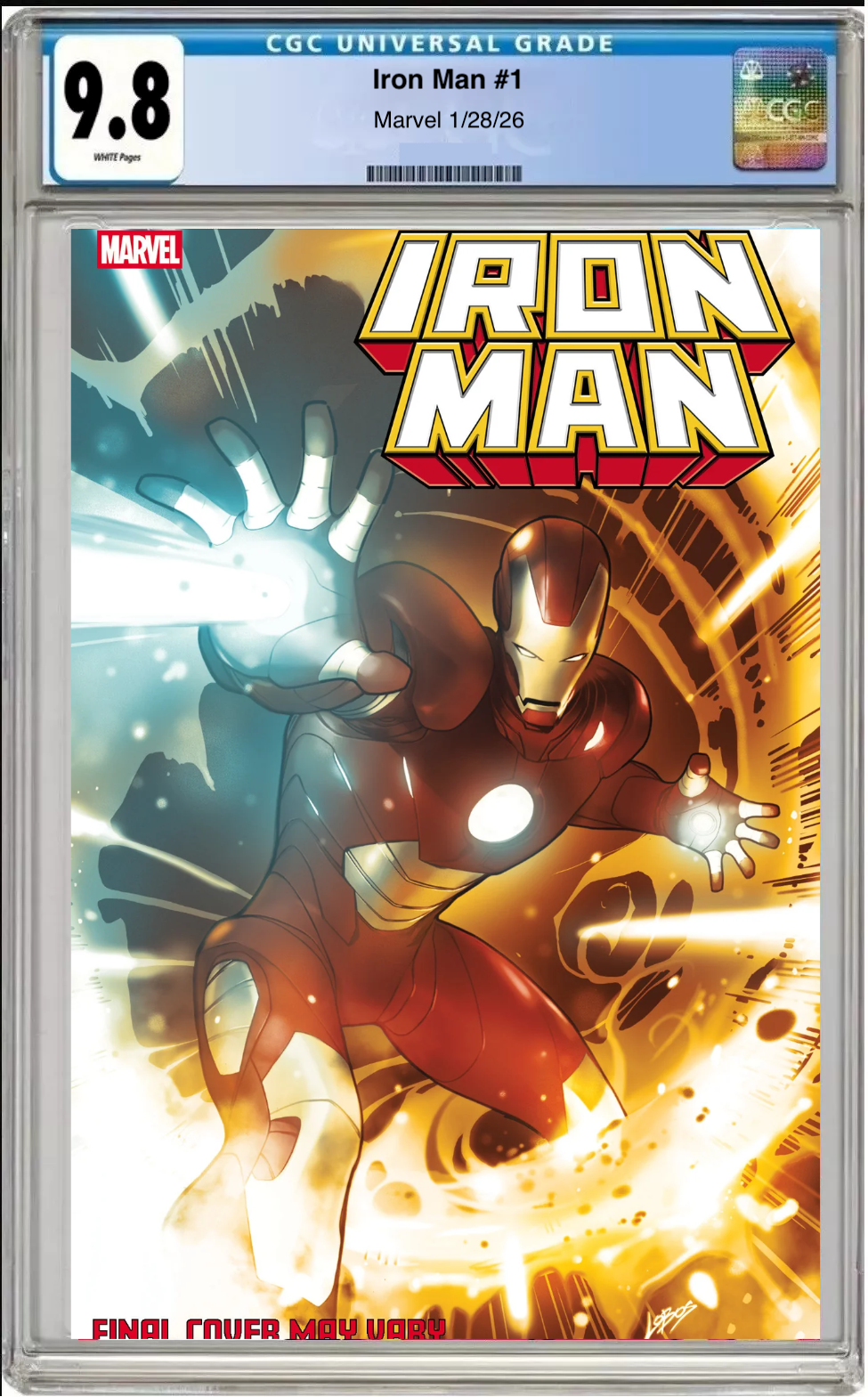 Comic book cover of Iron Man #1 Pablo Villalobos Cover with CGC grading label.