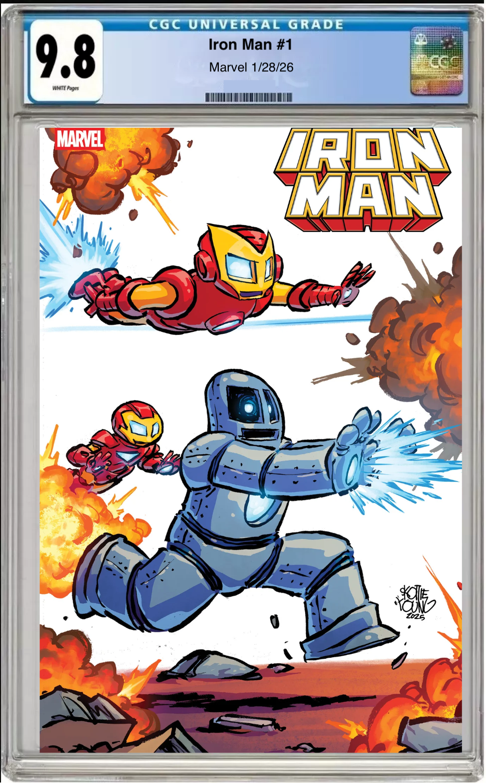 Comic book cover of Iron Man #1 Skottie Young 4-Part Connecting Cover with CGC grading label.