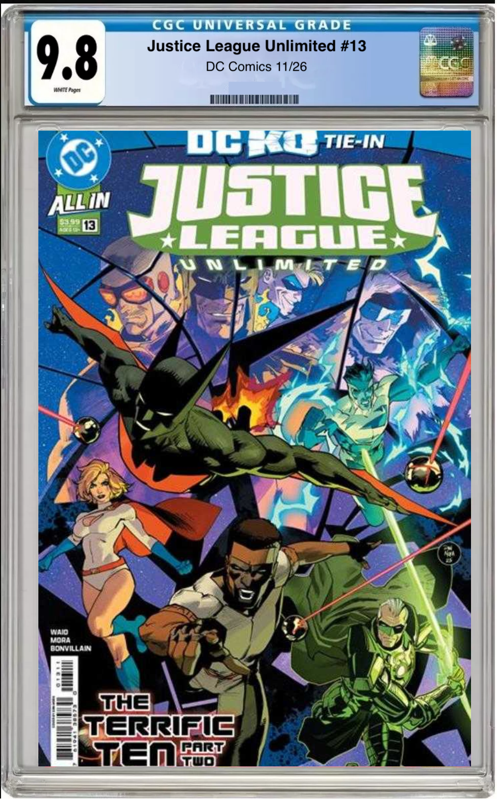 Comic book cover of Justice League Unlimited #13 Cover A with CGC grading label.