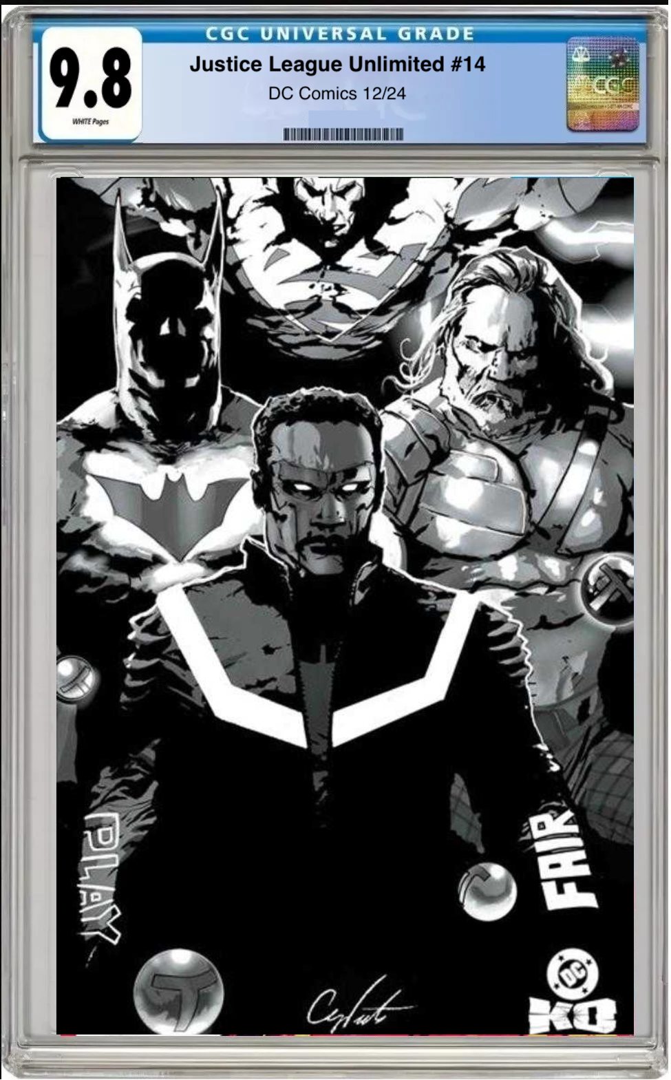 Comic book cover of Justice League Unlimited #14 Cover E Glow-in-the-Dark with CGC grading label.