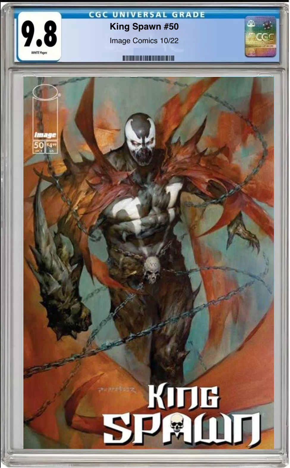 Comic book cover of King Spawn #50 Puppeteer Lee Connecting Cover with CGC 9.8 grading label.