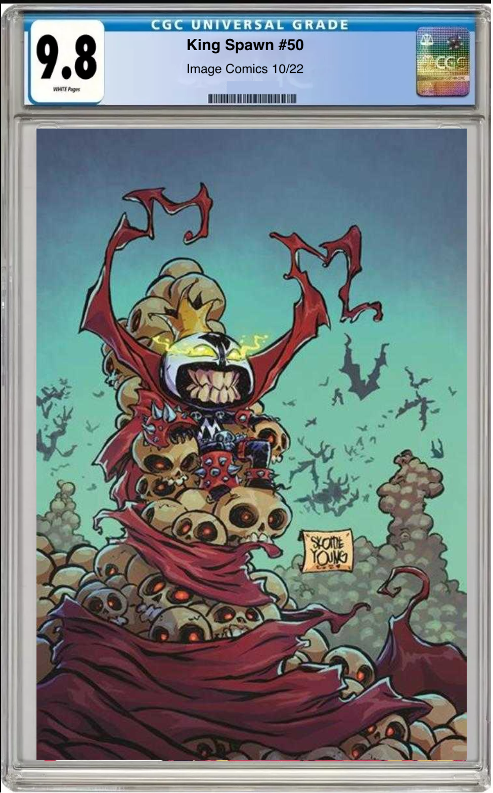 Comic book cover of King Spawn #50 Skottie Young Cover with CGC 9.8 grading label.