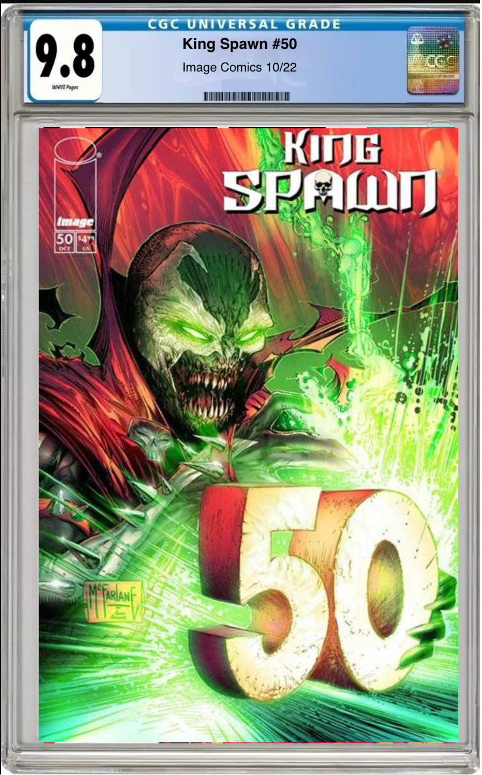 Comic book cover of King Spawn #50 Todd McFarlane Cover with CGC 9.8 grading label.