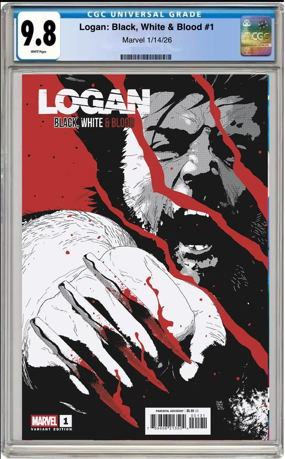 Comic book cover of Logan: Black, White & Blood #1 Andrea Sorrentino Cover with CGC grading label.