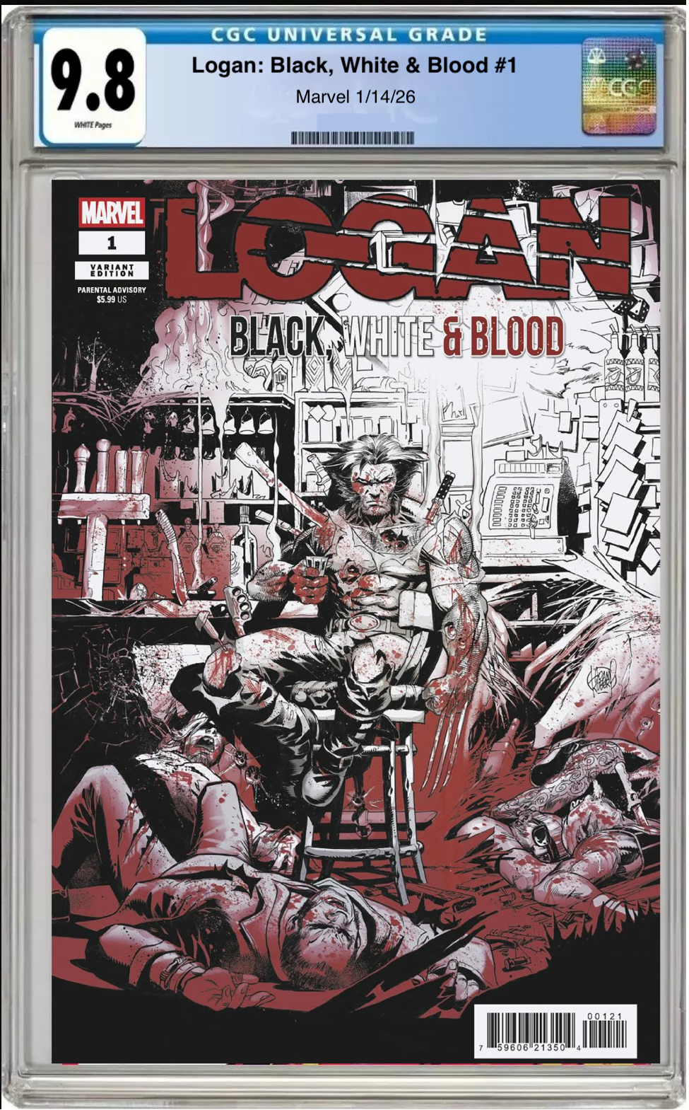 Comic book cover of Logan: Black, White & Blood #1 Adam Kubert Cover with CGC grading label.