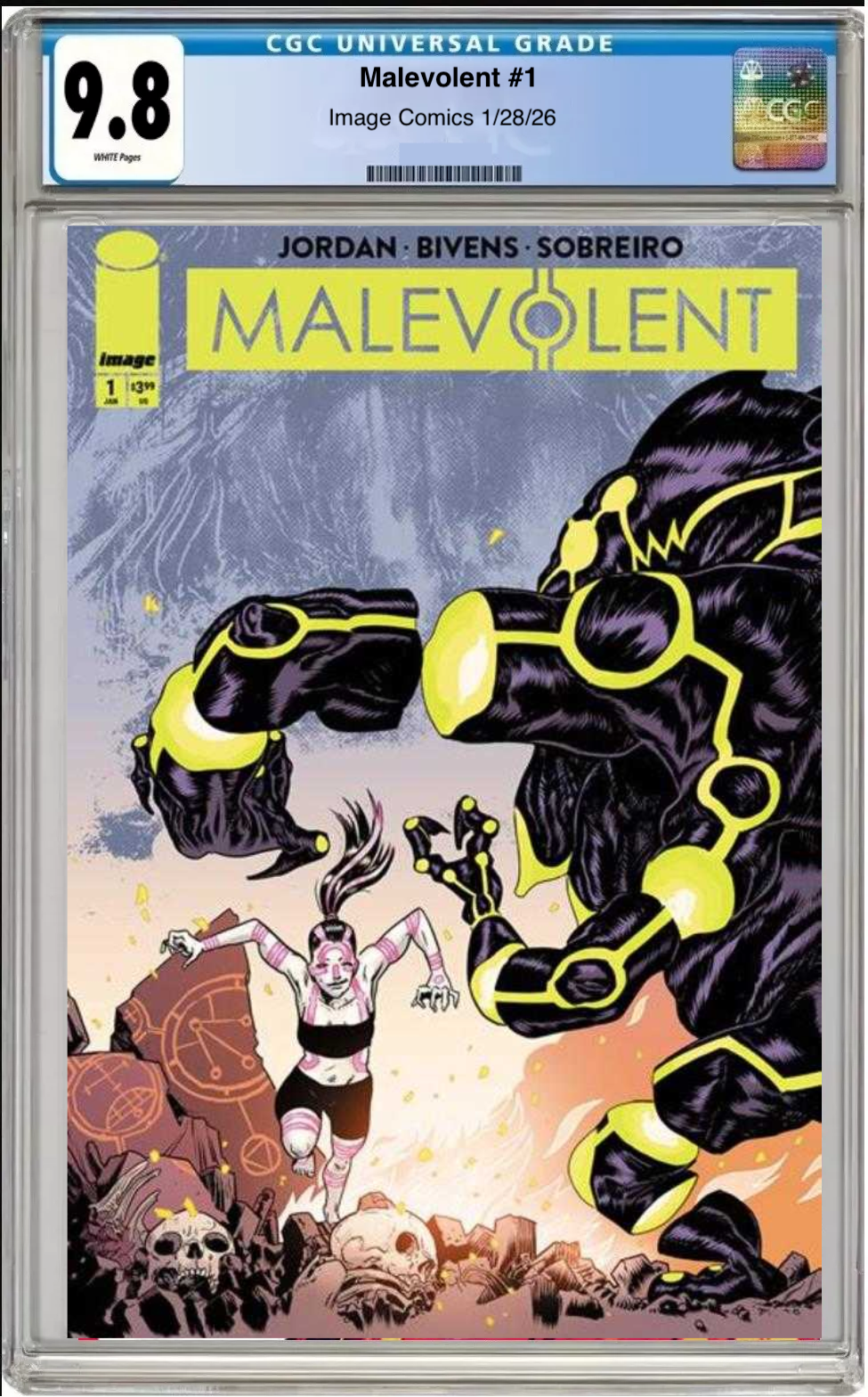 Comic book cover of Malevolent #1 Cover A with CGC grading label.