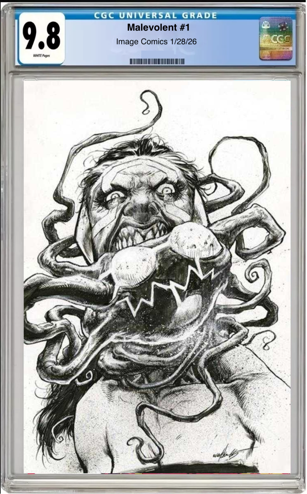 Comic book cover of Malevolent #1 Cover D with CGC grading label.