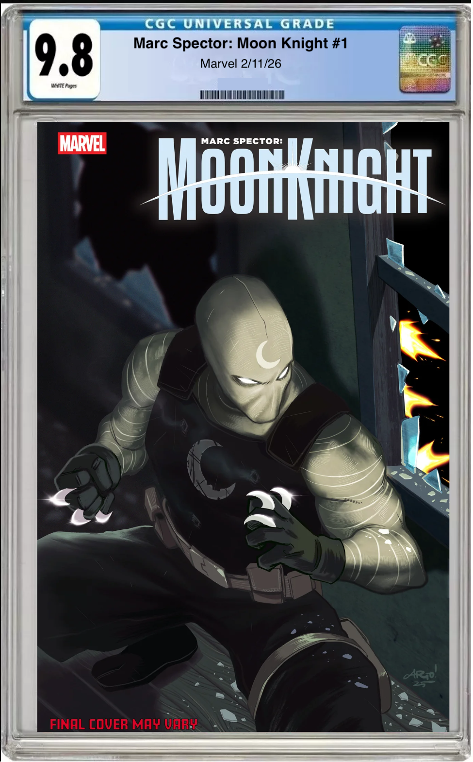 Comic book cover of Marc Spector: Moon Knight #1 Ario Anindito Hell’s Kitchen Cover with CGC grading label.