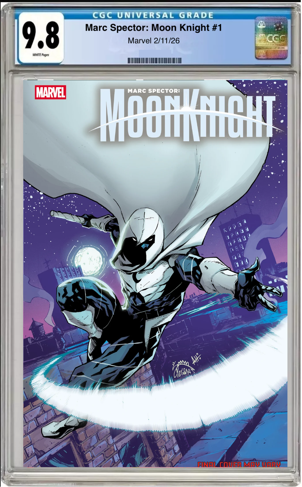 Comic book cover of Marc Spector: Moon Knight #1 Ryan Stegman Foil Cover with CGC grading label.