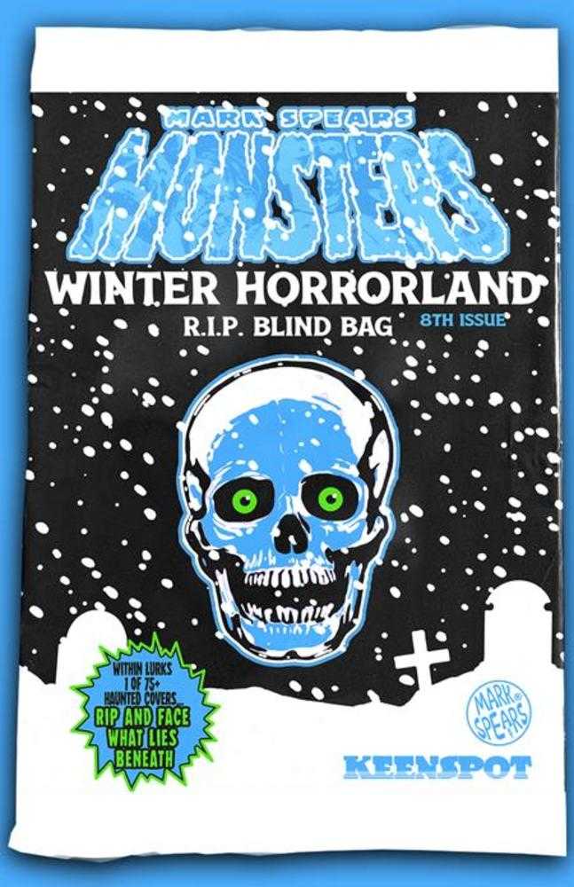 Packaging for 'Monsters Winter Horrorland' with a skull design on a snowy background