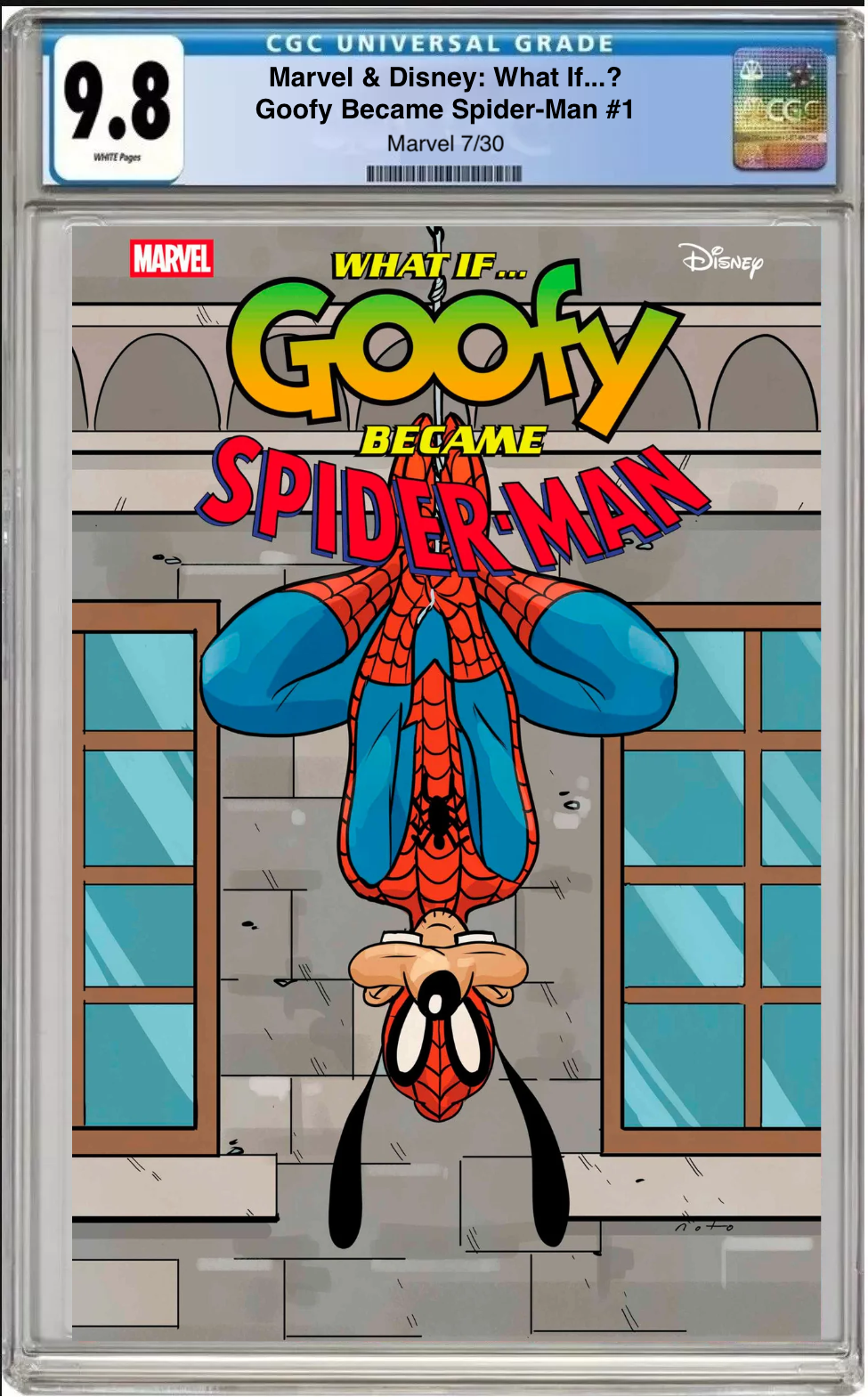 Marvel and Disney What If...? Goofy Became Spider-Man #1 Phil Noto Cover comic book with CGC 9.8 grading label

