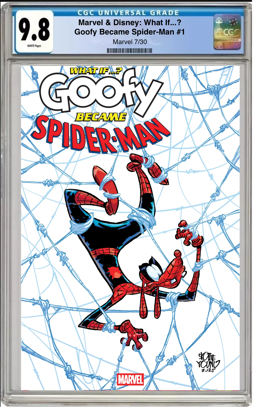 Marvel and Disney What If...? Goofy Became Spider-Man #1 Skottie Young Cover comic book with CGC 9.8 grading label