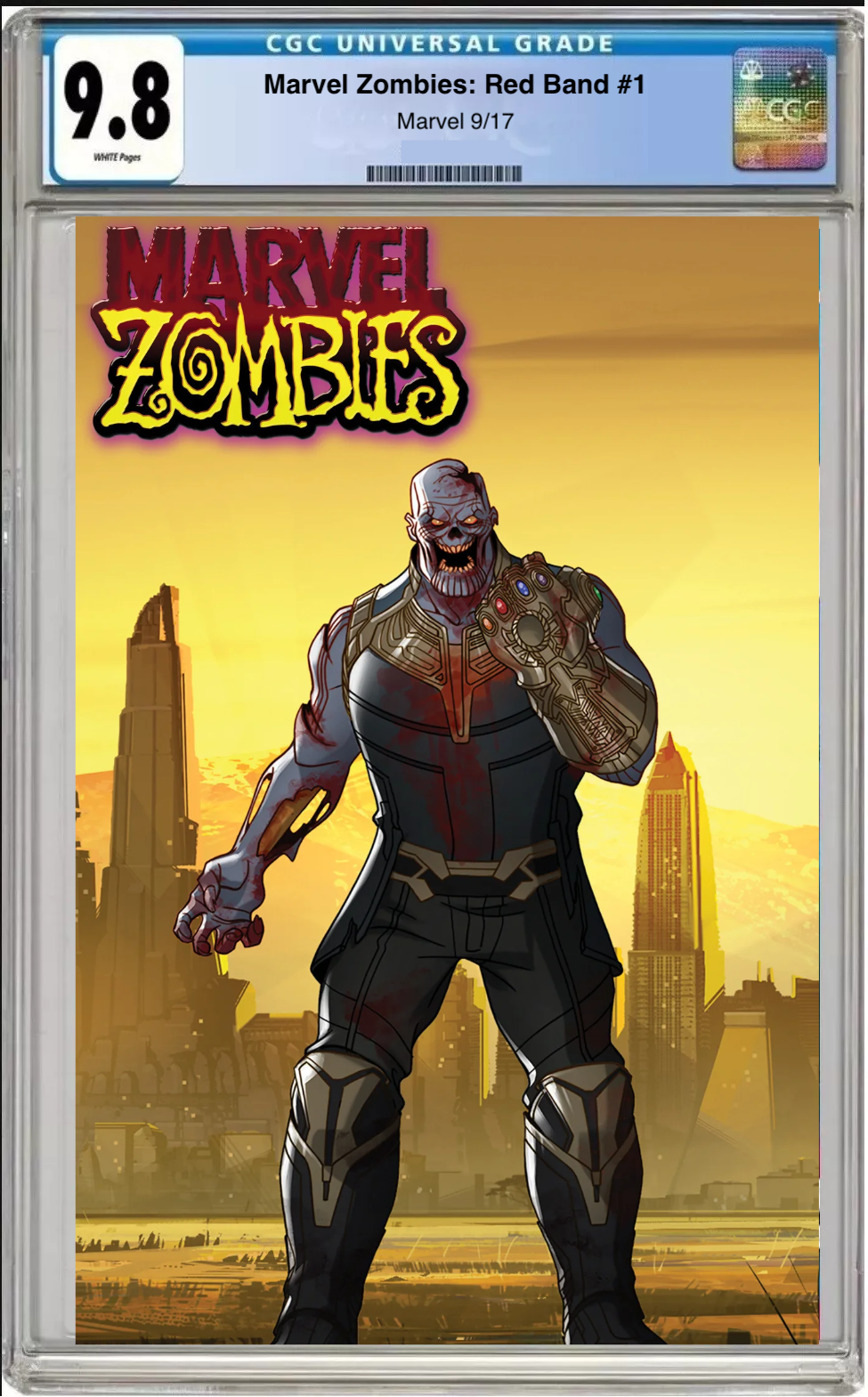 Comic book cover of Marvel Zombies Red Band #1 Marvel Animation Thanos Cover with CGC 9.8 grading label.