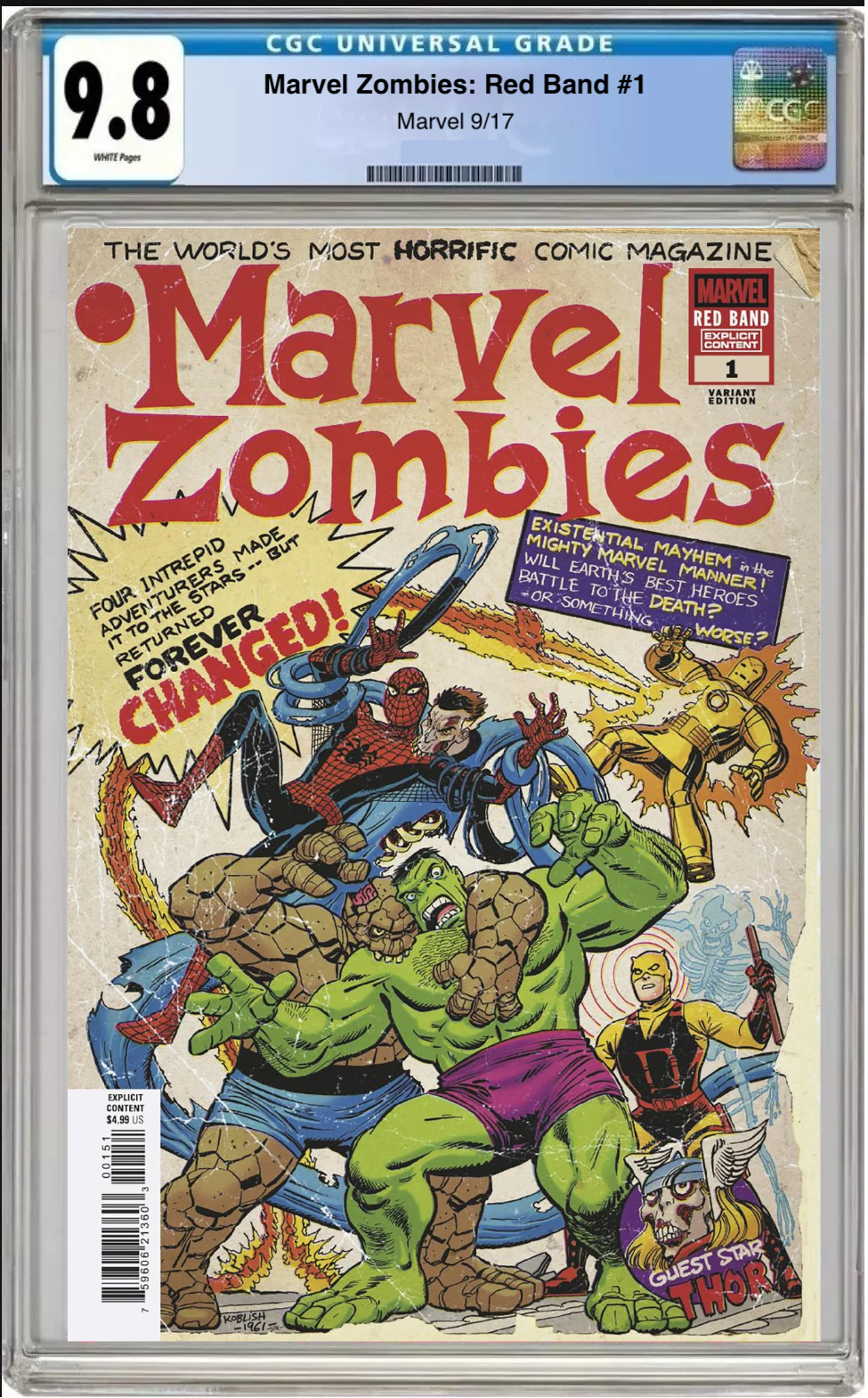 Comic book cover of Marvel Zombies Red Band #1 Scott Koblish Retro Zombie Cover with CGC 9.8 grading label.