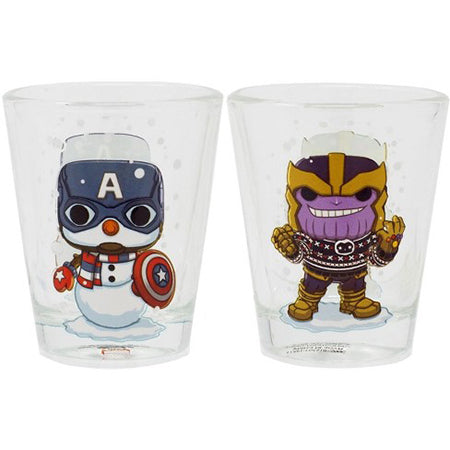Snowman Captain America &amp; Holiday Sweater Thanos Shot Glasses (2-Pack) - Marvel Collector Corps Exclusive