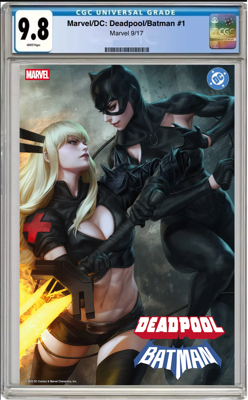 Comic book cover of Marvel/DC Deadpool Batman #1 Artgerm Cover with CGC 9.8 grading label.