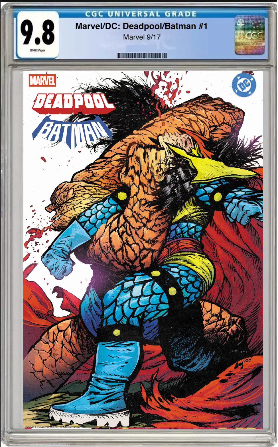 Comic book cover of Marvel/DC Deadpool Batman #1 Daniel Warren Johnson Cover with CGC 9.8 grading label.