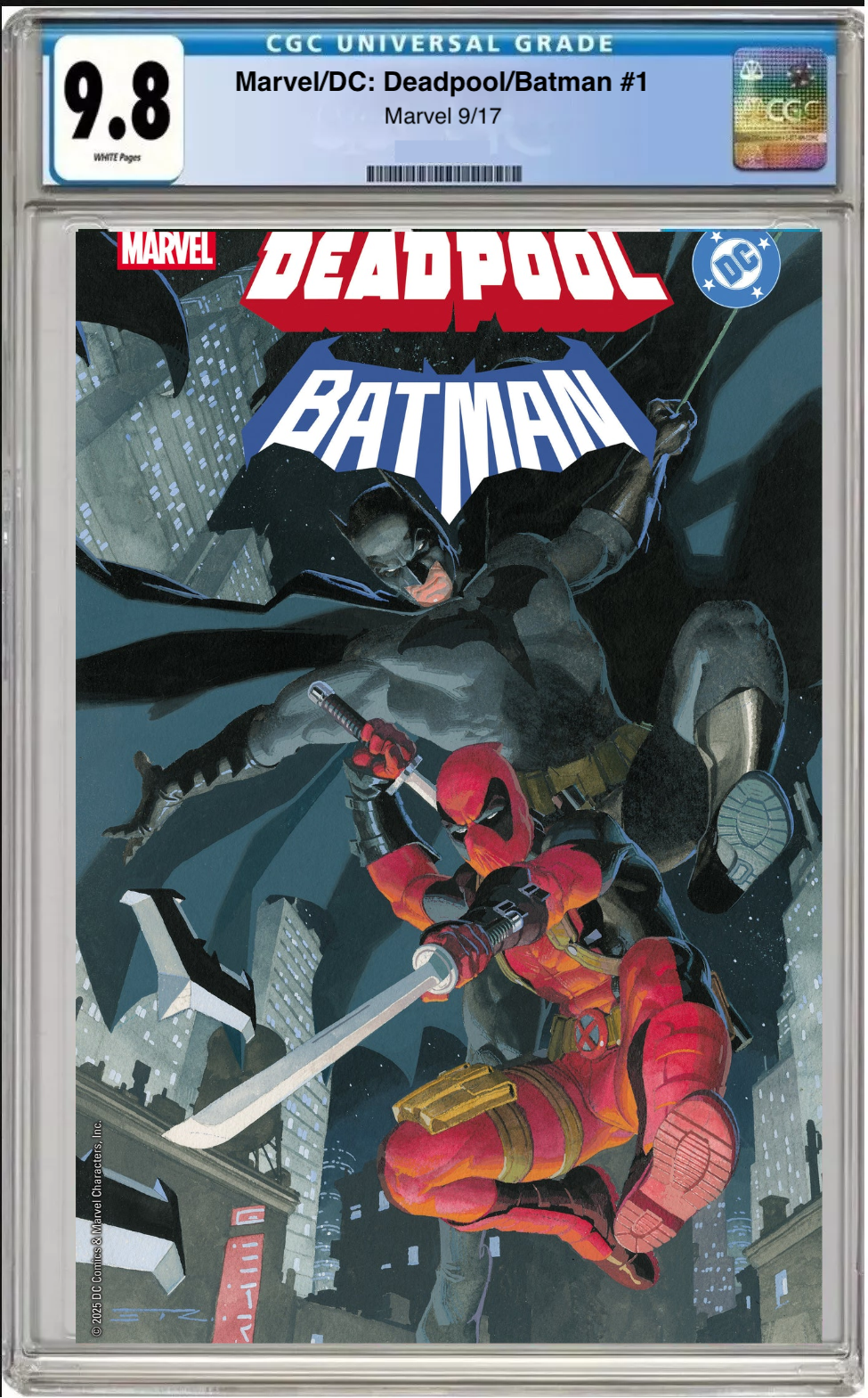 Comic book cover of Marvel/DC Deadpool Batman #1 Esad Ribic Cover with CGC 9.8 grading label.