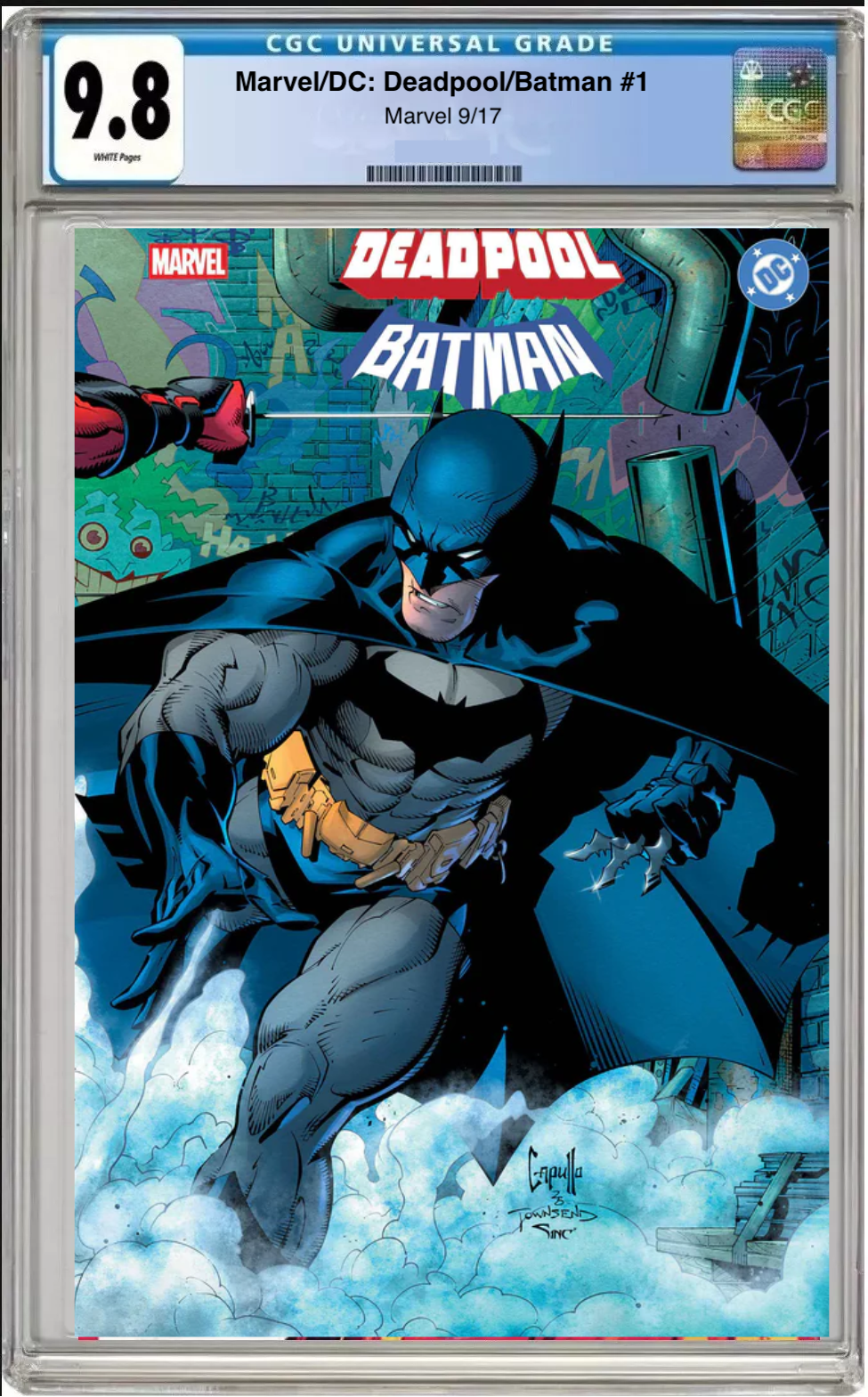 Comic book cover featuring Deadpool and Batman with CGC grading label
