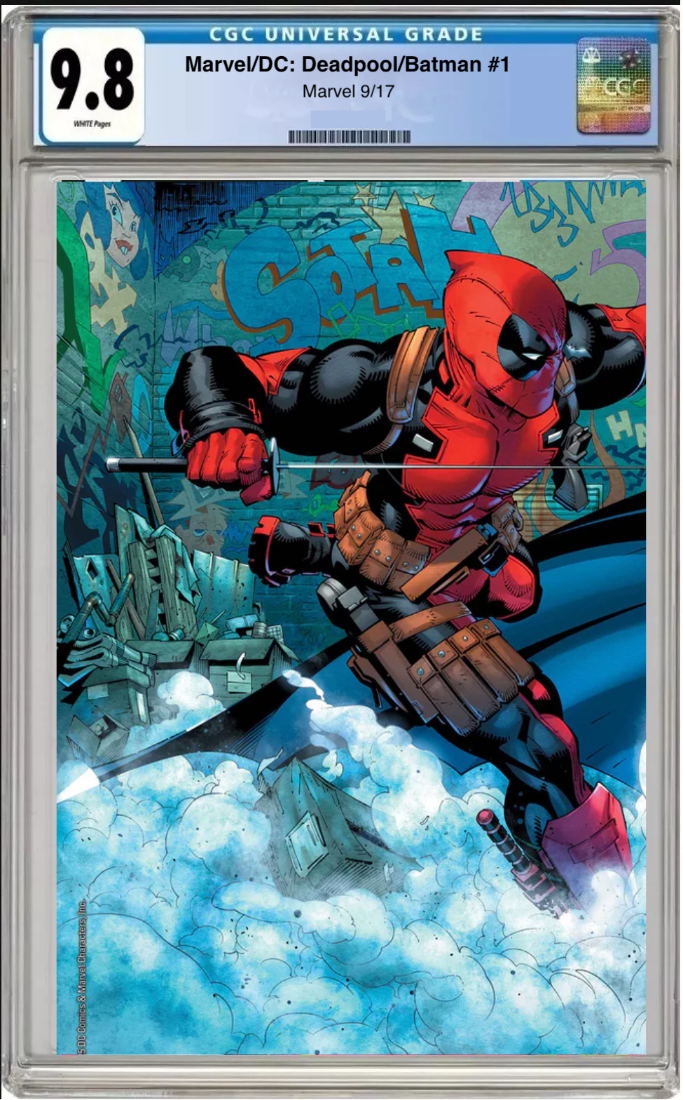 Comic book cover featuring Deadpool in a dynamic pose with a CGC grading label on top.