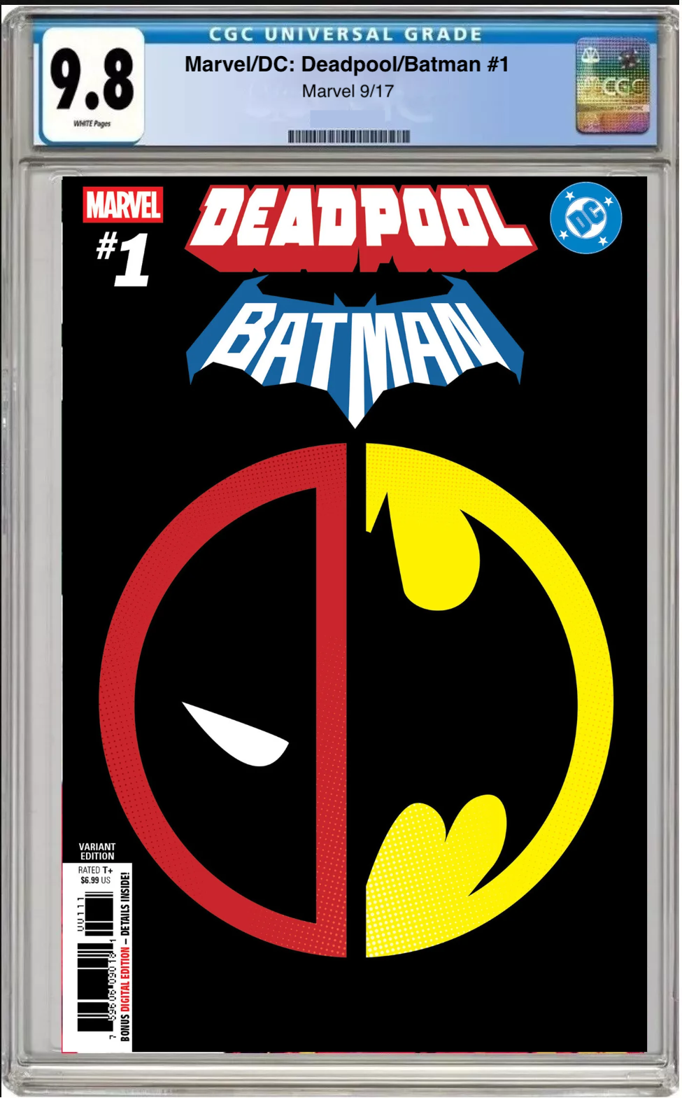 Comic book cover of Marvel/DC Deadpool Batman #1 Insignia Mashup Cover with CGC 9.8 grading label.