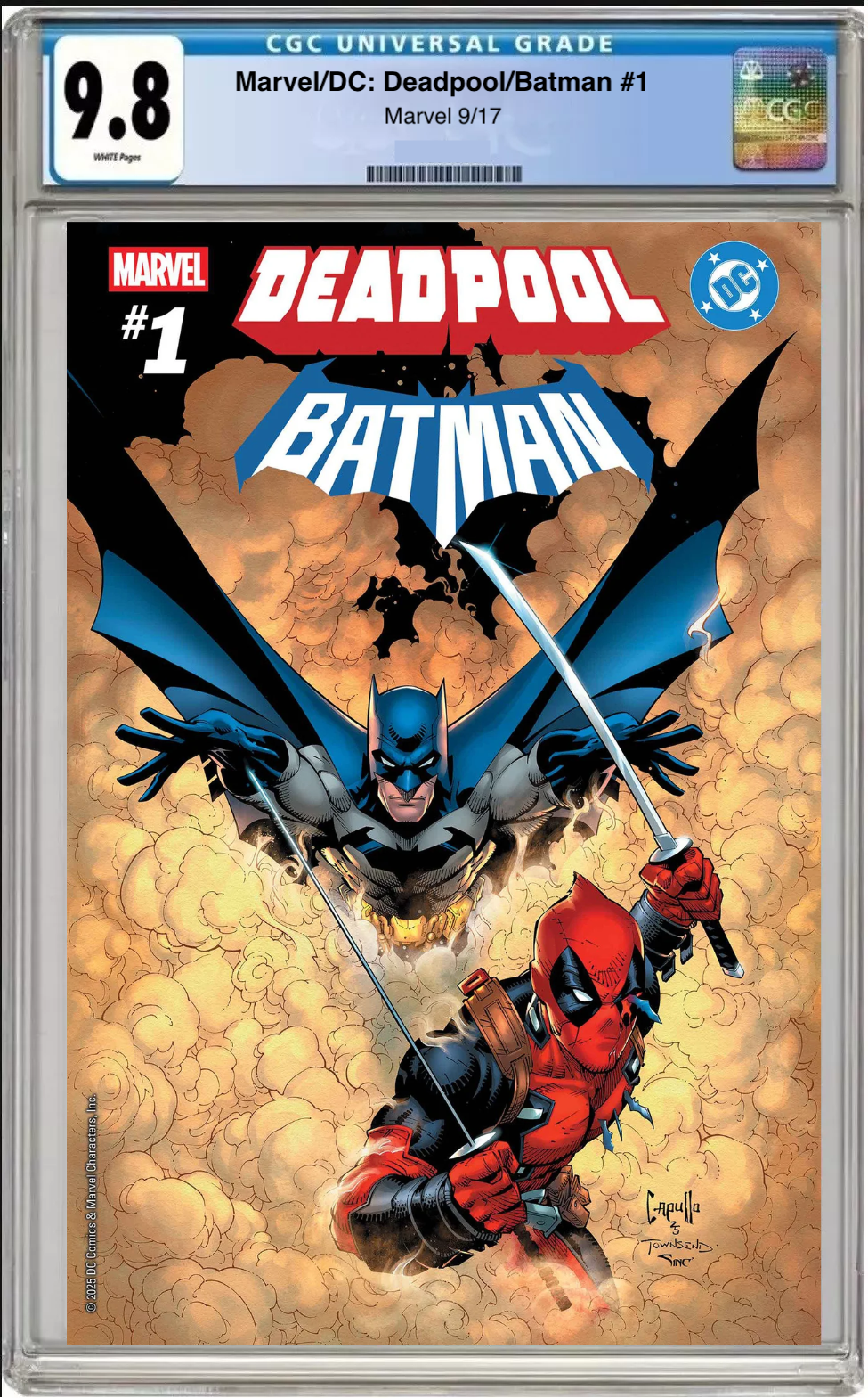 Comic book cover of Marvel/DC Deadpool Batman #1 Main Cover with CGC 9.8 grading label.