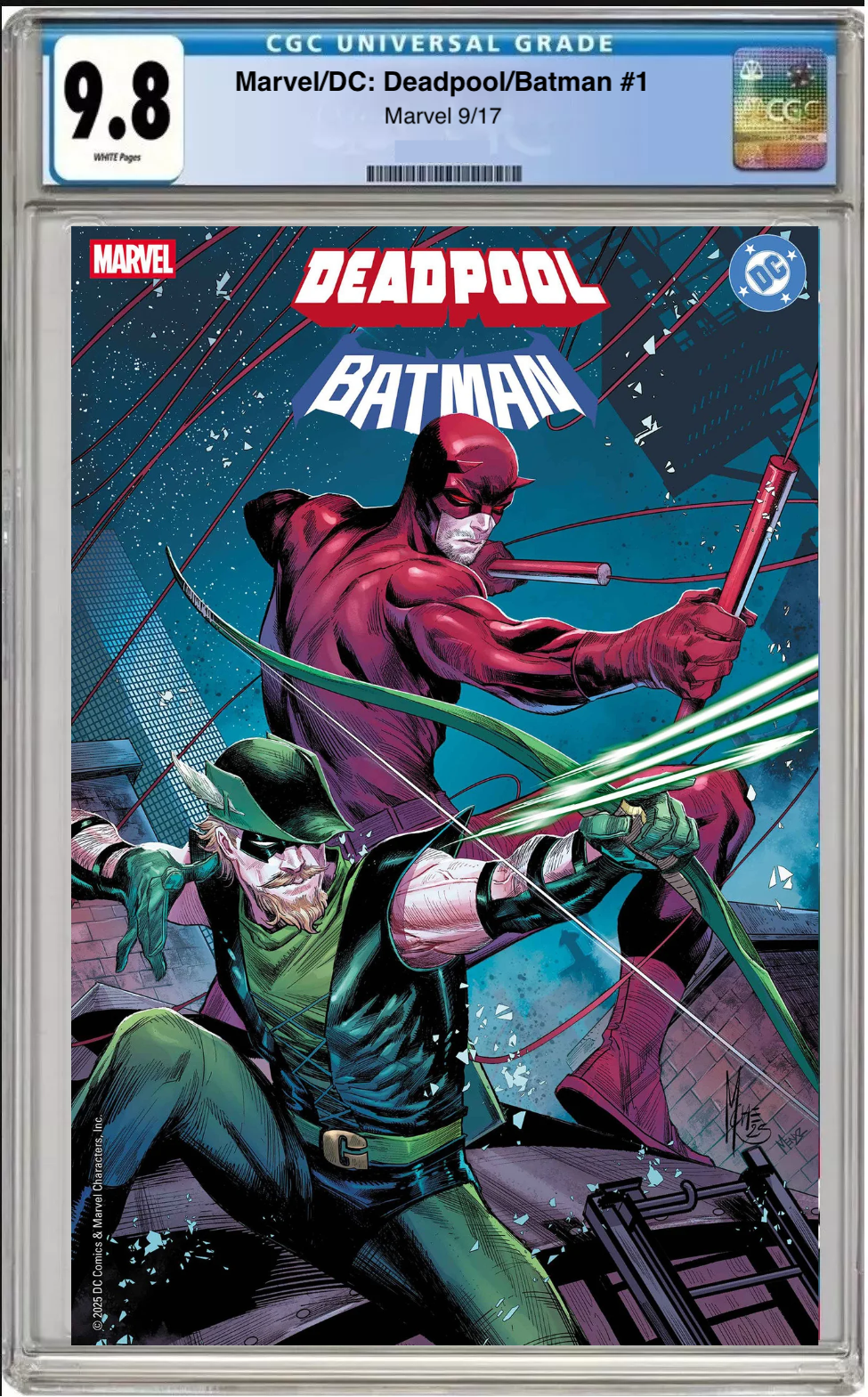 Comic book cover of Marvel/DC Deadpool Batman #1 Marco Checchetto Cover with CGC 9.8 grading label.