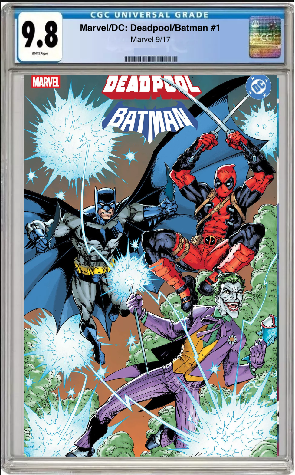 Comic book cover of Marvel/DC Deadpool Batman #1 Mark Bagley Foil Cover with CGC 9.8 grading label.