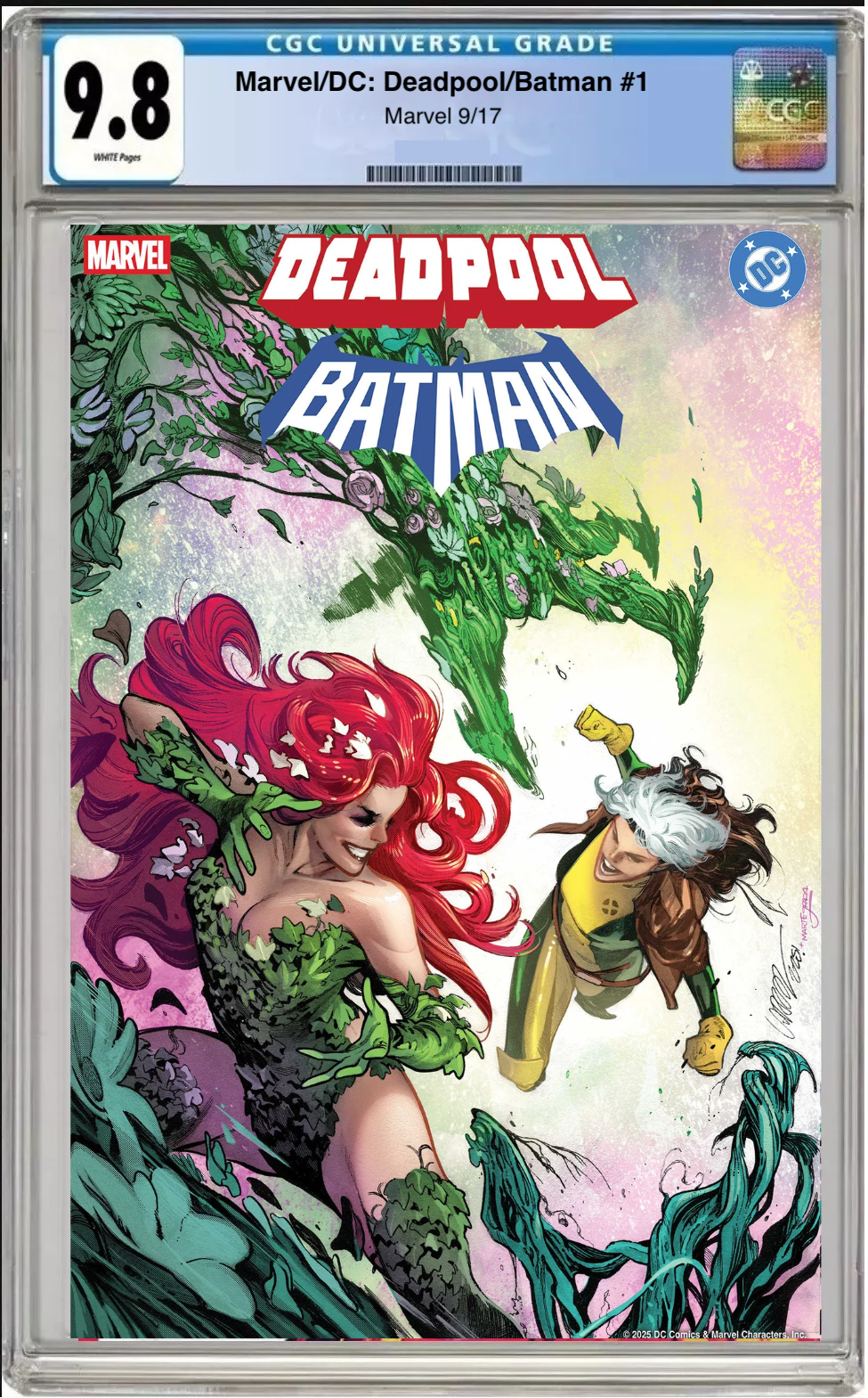 Comic book cover of Marvel/DC Deadpool Batman #1 Pepe Larraz Cover with CGC 9.8 grading label.