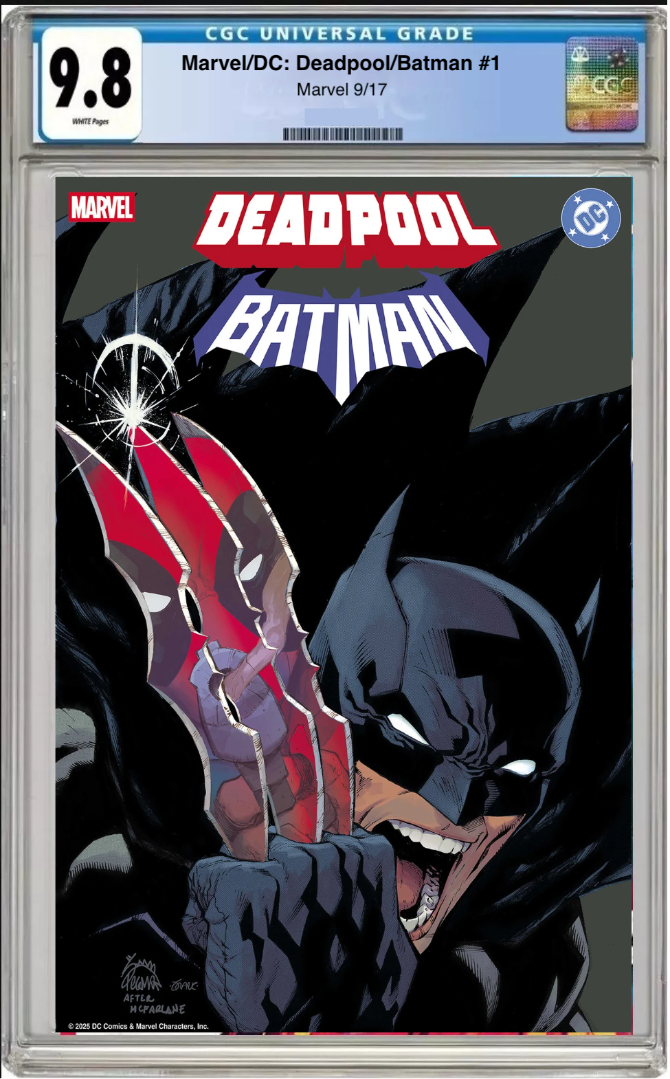 Comic book cover of Marvel/DC Deadpool Batman #1 Ryan Stegman Homage Cover with CGC 9.8 grading label.