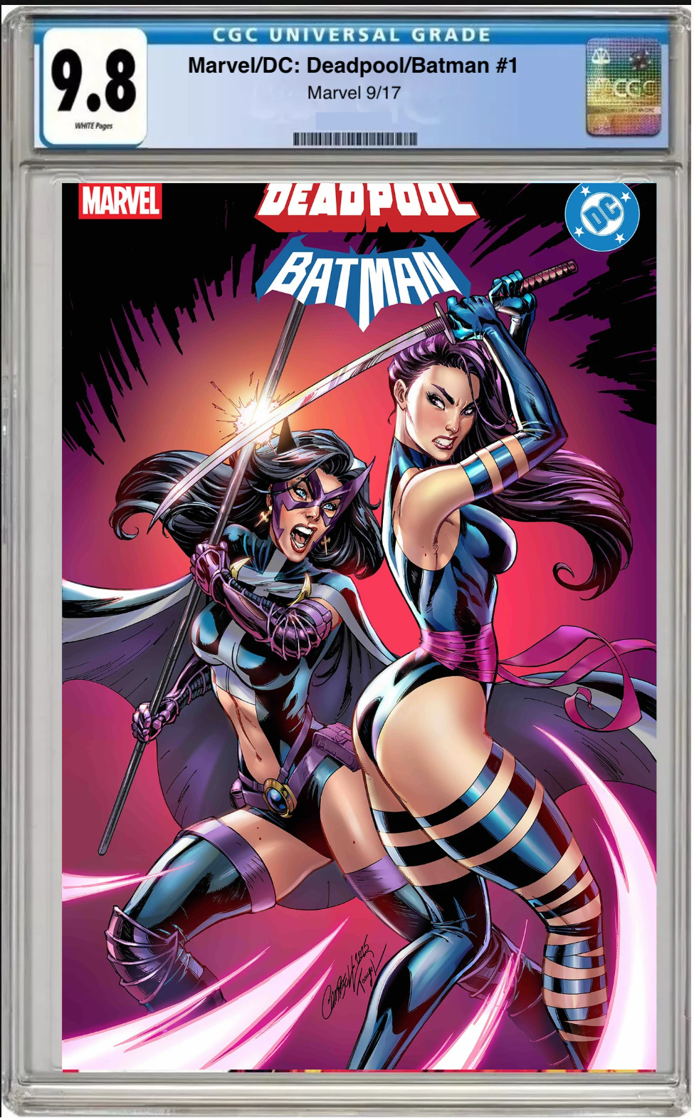 Comic book cover of Marvel/DC Deadpool Batman #1 Scott Campbell Cover with CGC 9.8 grading label.