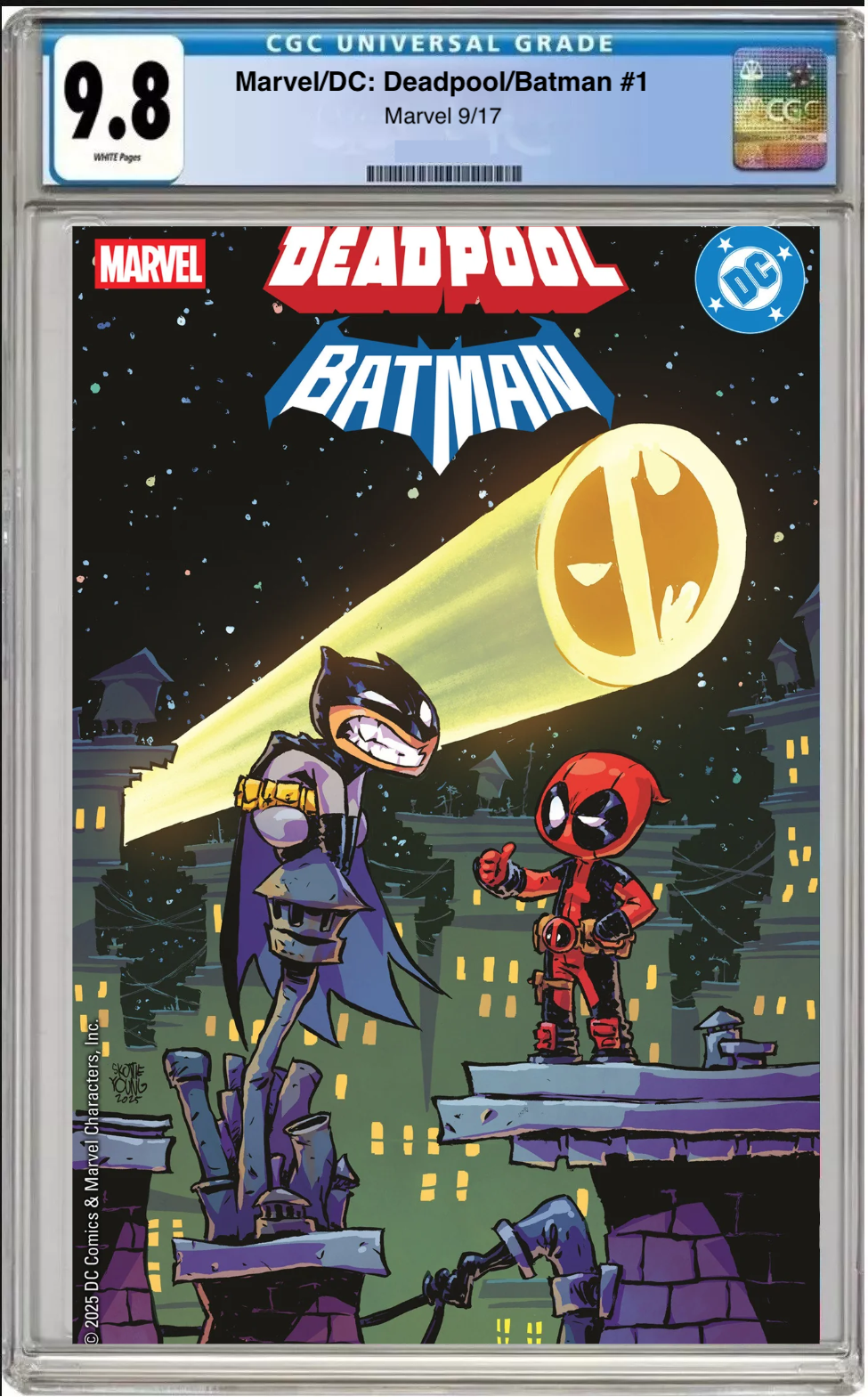 Comic book cover of Marvel/DC Deadpool Batman #1 Skottie Young Cover with CGC 9.8 grading label.
