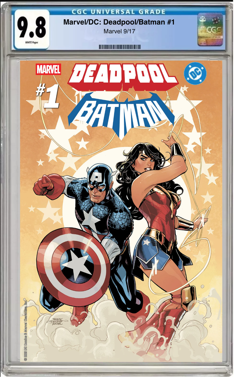 Comic book cover of Marvel/DC Deadpool Batman #1 Terry Dodson Cover with CGC 9.8 grading label.