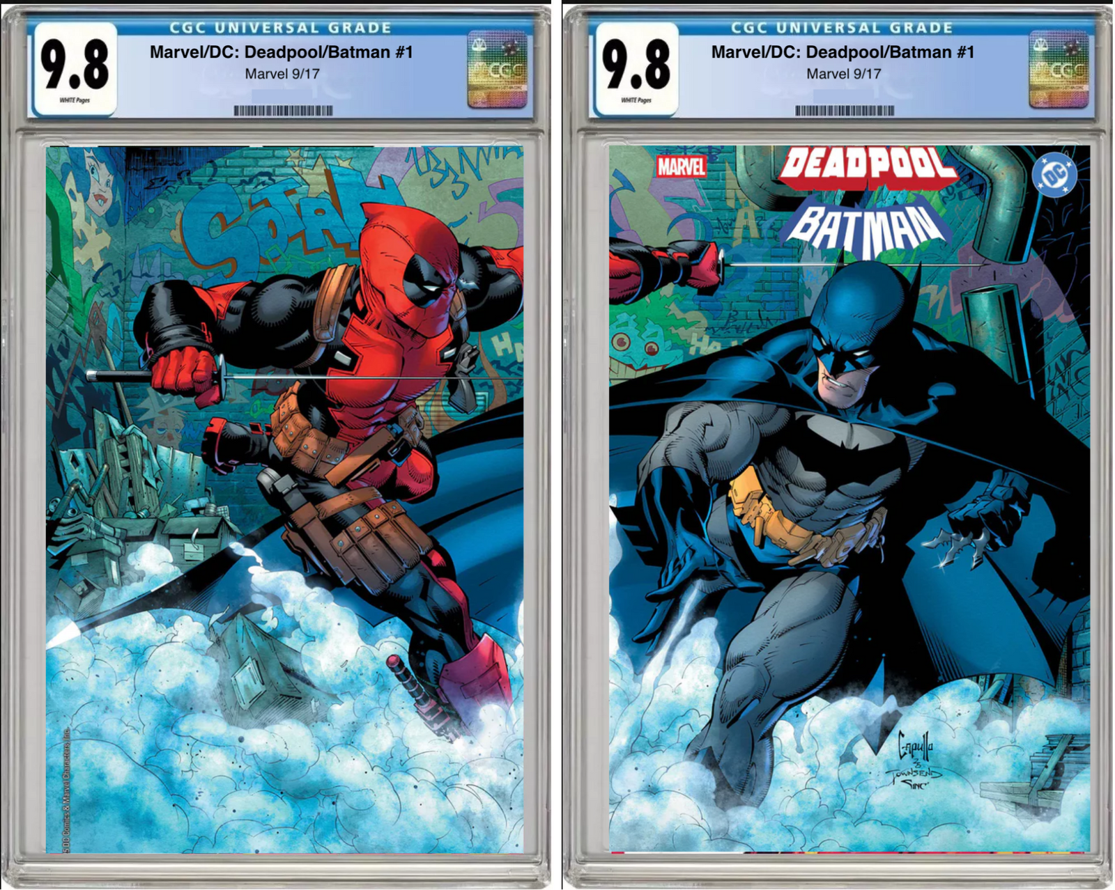 Comic book cover of Marvel/DC Deadpool Batman #1 Greg Capullo Wraparound Cover with CGC 9.8 grading label.