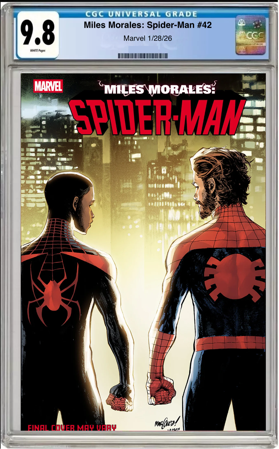 Comic book cover of Miles Morales: Spider-Man #42 David Marquez Ultimate Team-Up Cover with CGC grading label.