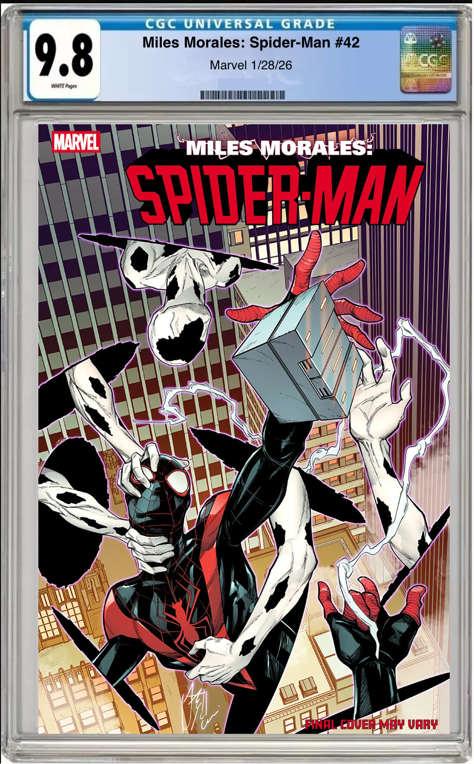 Comic book cover of Miles Morales: Spider-Man #42 Stefano Caselli Foreshadow Cover with CGC grading label.