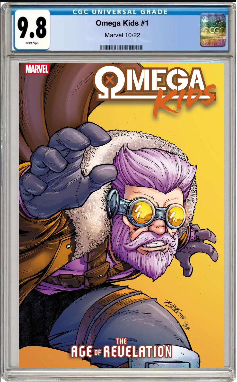 Comic book cover of Omega Kids #1 Ron Lim Quentin Quire Cover with CGC 9.8 grading label.